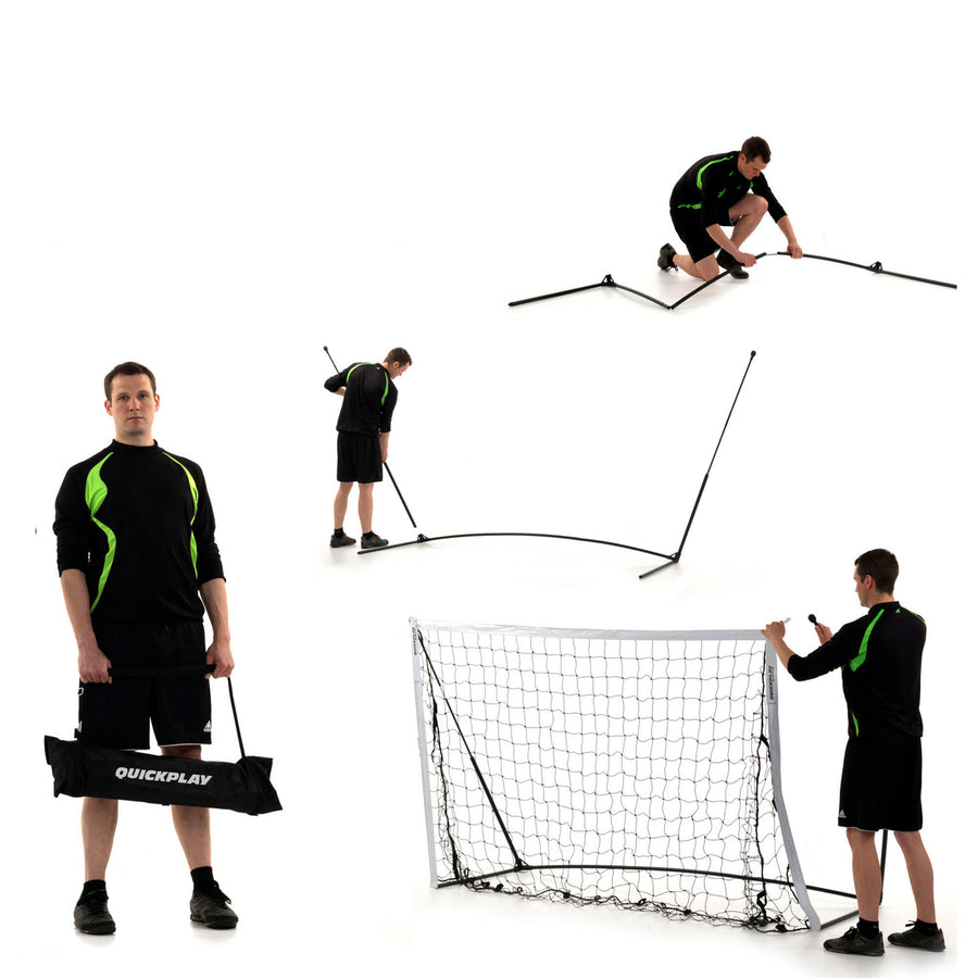 Pasos de montaje de la KICKSTER Elite 150 x 100 cm: un hombre sujeta la bolsa, monta el marco y luego posa junto a la portería.