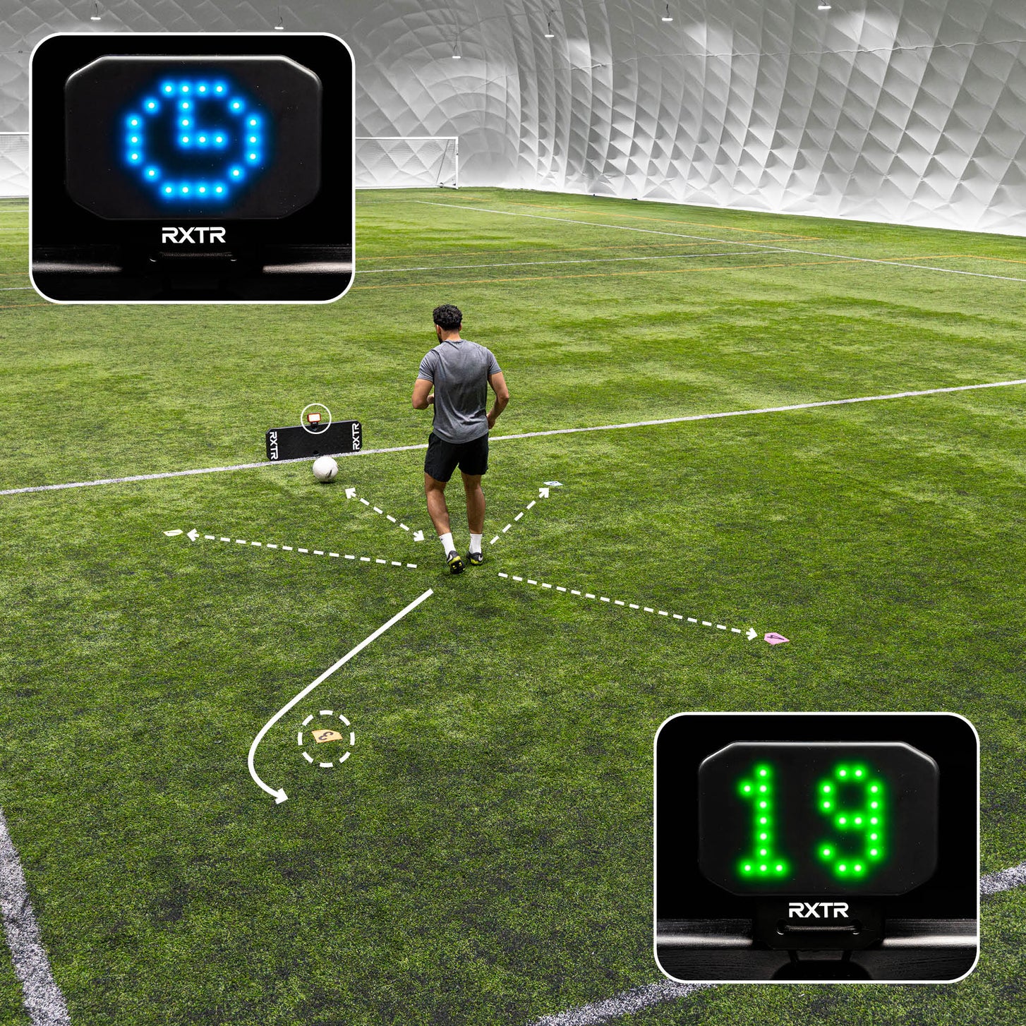 Gráfico de ejercicio del RXTR Pro Coach: jugador en una pista cubierta con flechas, y recuadros de un temporizador azul y una puntuación verde de 19.