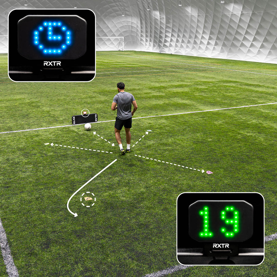 Gráfico de ejercicio del RXTR Pro Coach: jugador en una pista cubierta con flechas, y recuadros de un temporizador azul y una puntuación verde de 19.