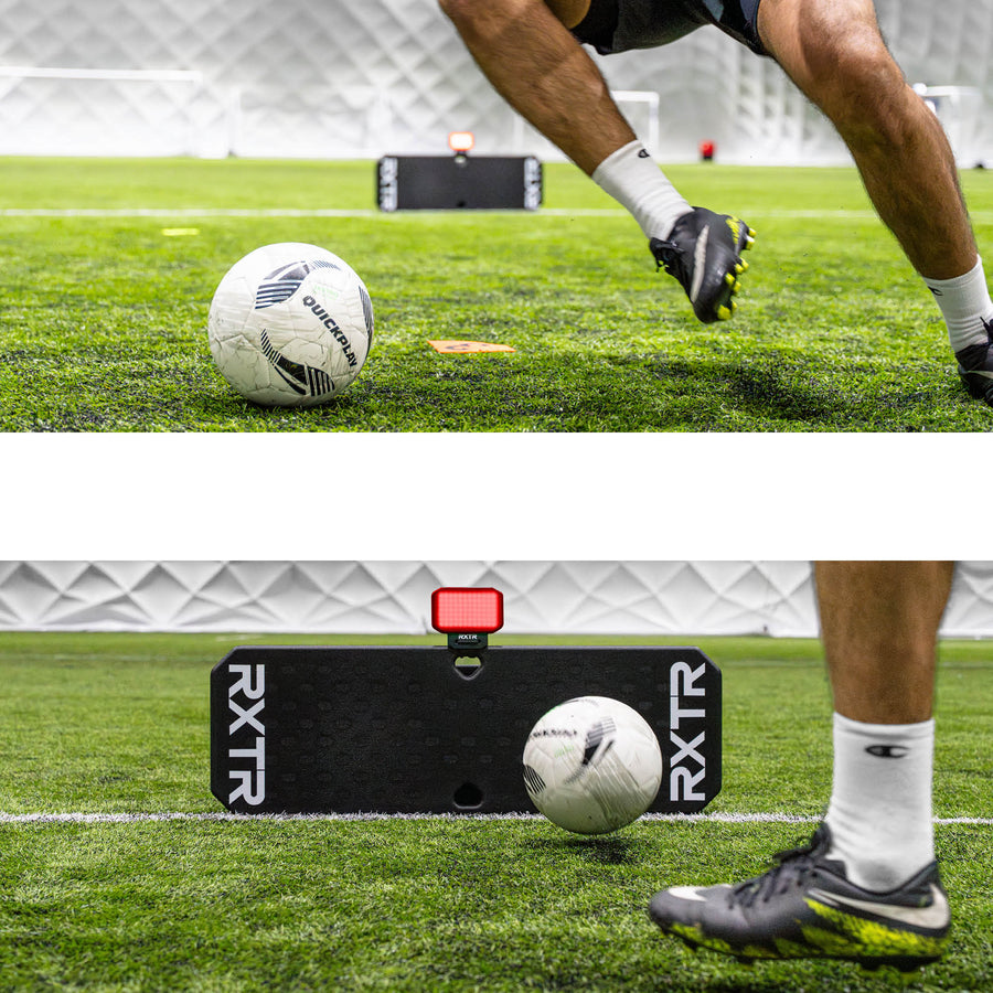 Rebotador de fútbol RXTR Pro Coach con una luz roja, en dos fotos de un jugador pasándole el balón en una pista cubierta.