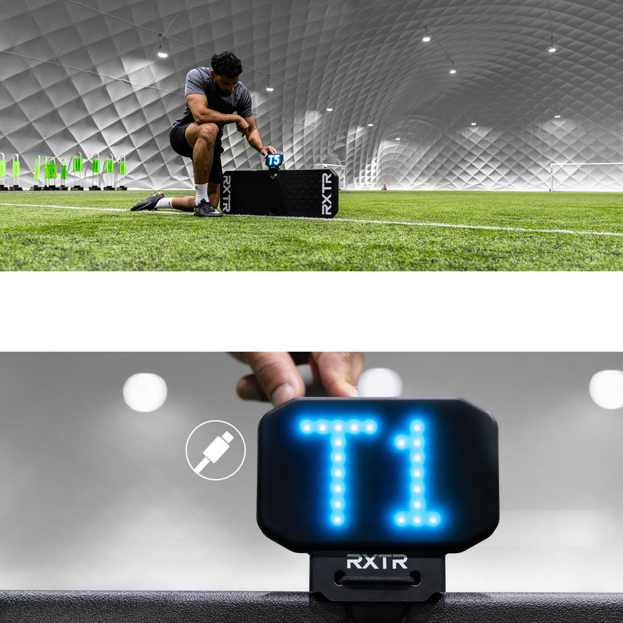 RXTR Pro Coach: jugador colocando una luz en el rebotador en interior, y un primer plano de la luz, que muestra T1 y un icono de cable.