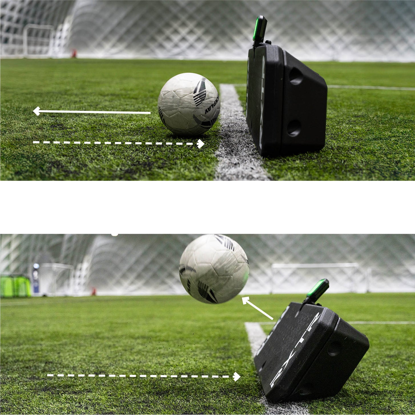 Diagrama del RXTR Pro Coach: un balón vuelve rodando desde una unidad de rebote negra y luego sale elevado desde su lado inclinado.