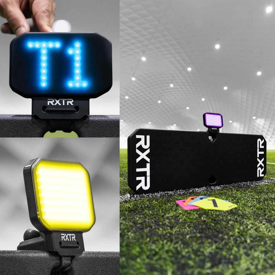 Collage del RXTR Pro Coach: luz que muestra T1 en azul, una luz amarilla y el rebotador negro con una luz morada y marcadores.