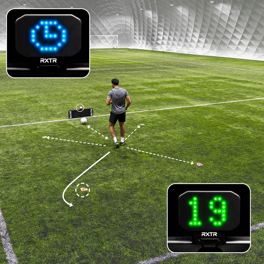 Gráfico de ejercicio con la luz de reacción RXTR: jugador en una pista cubierta, con recuadros de un temporizador azul y una puntuación verde de 19.