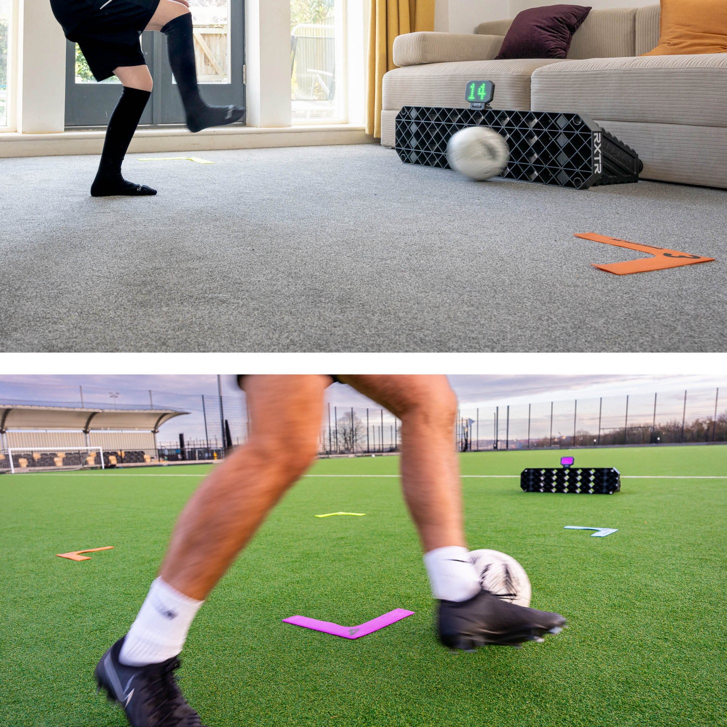 Luz de reacción RXTR que marca 14 en casa, sobre la alfombra de un salón, y al aire libre con un jugador regateando entre marcadores.