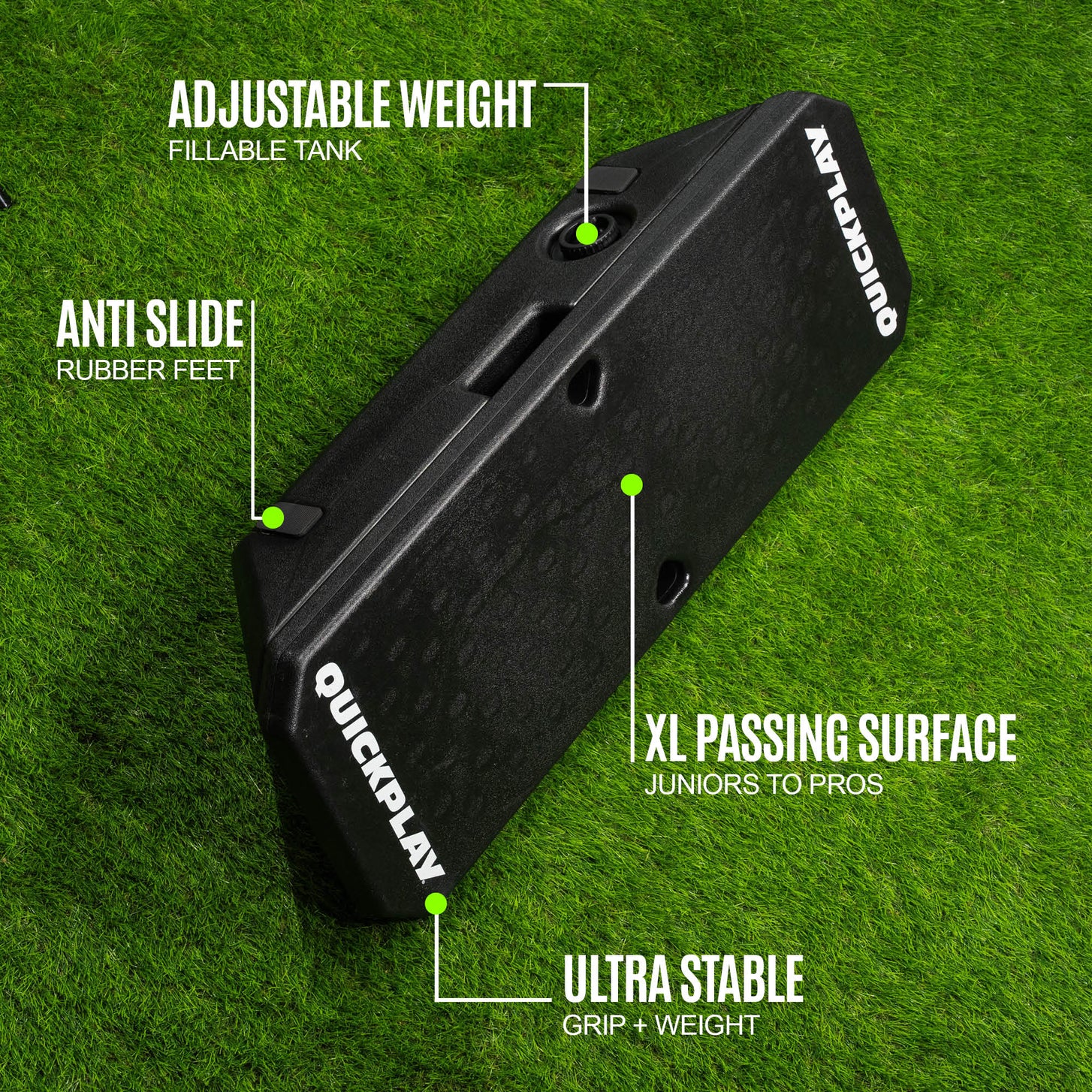 Gráfico de características de la REPLAY Boombox: "adjustable weight fillable tank", "anti slide rubber feet", "XL passing surface", "ultra stable".