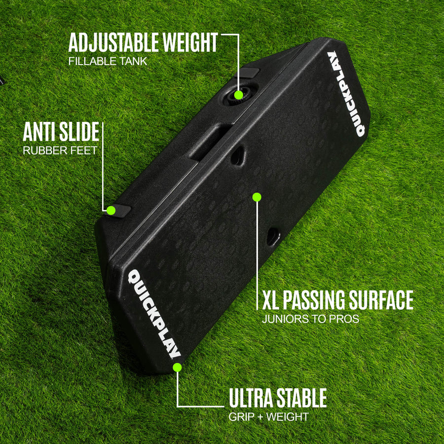 Gráfico de características de la REPLAY Boombox: "adjustable weight fillable tank", "anti slide rubber feet", "XL passing surface", "ultra stable".