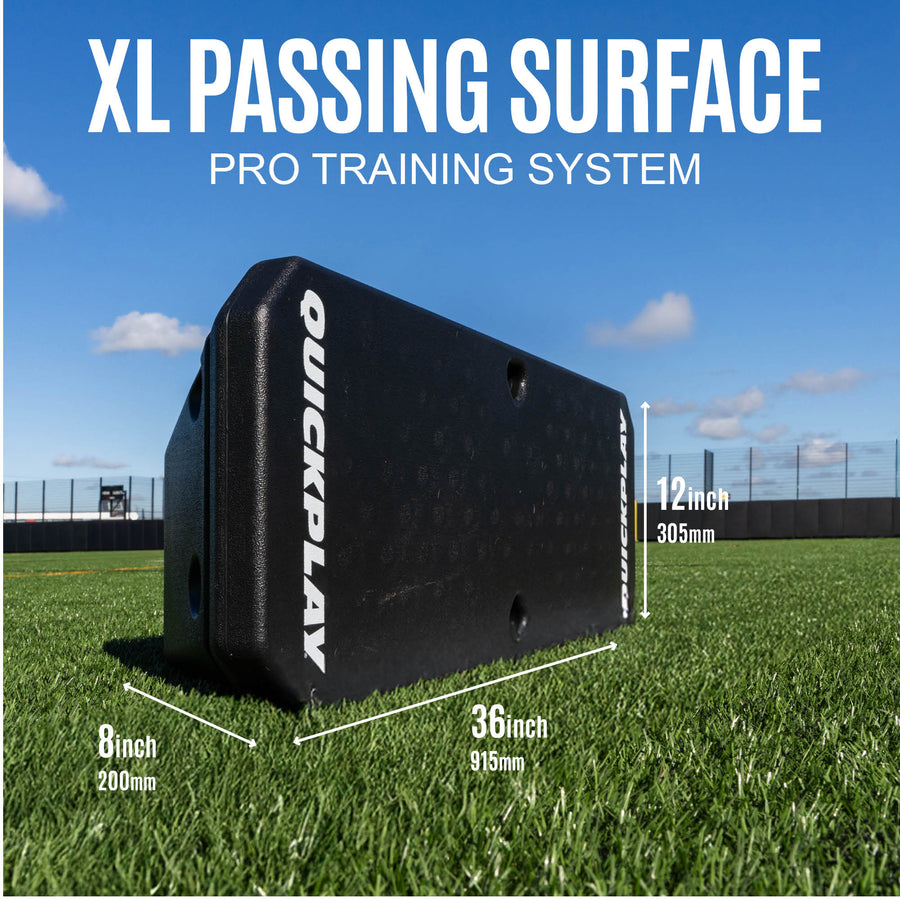 Gráfico de medidas de la REPLAY Boombox, "XL passing surface": 91,5 cm de largo, 30,5 cm de alto y 20 cm de fondo, sobre césped artificial.