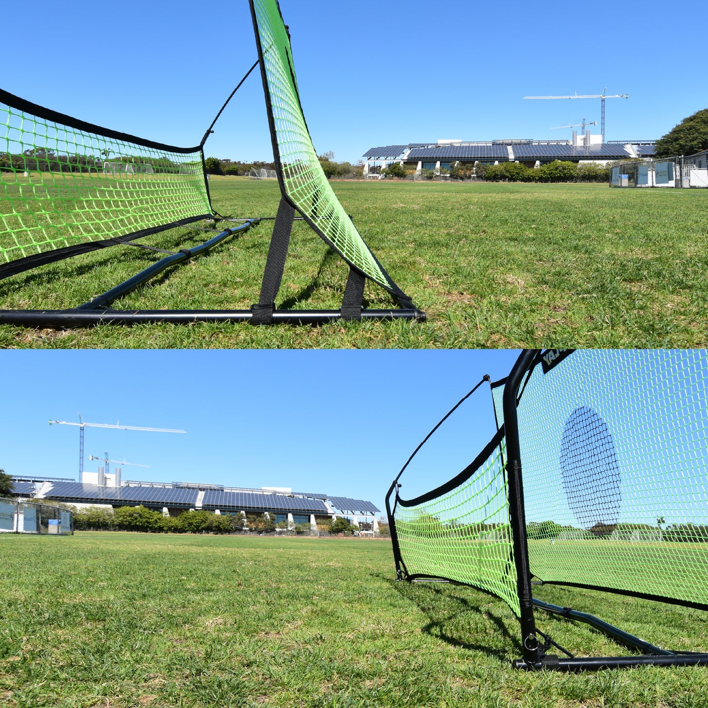 Foto en dos paneles del TEKKERS Trainer: primeros planos bajos del marco negro y las redes verdes de pie sobre la hierba.