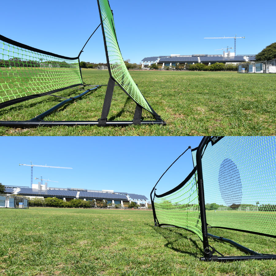 Foto en dos paneles del TEKKERS Trainer: primeros planos bajos del marco negro y las redes verdes de pie sobre la hierba.